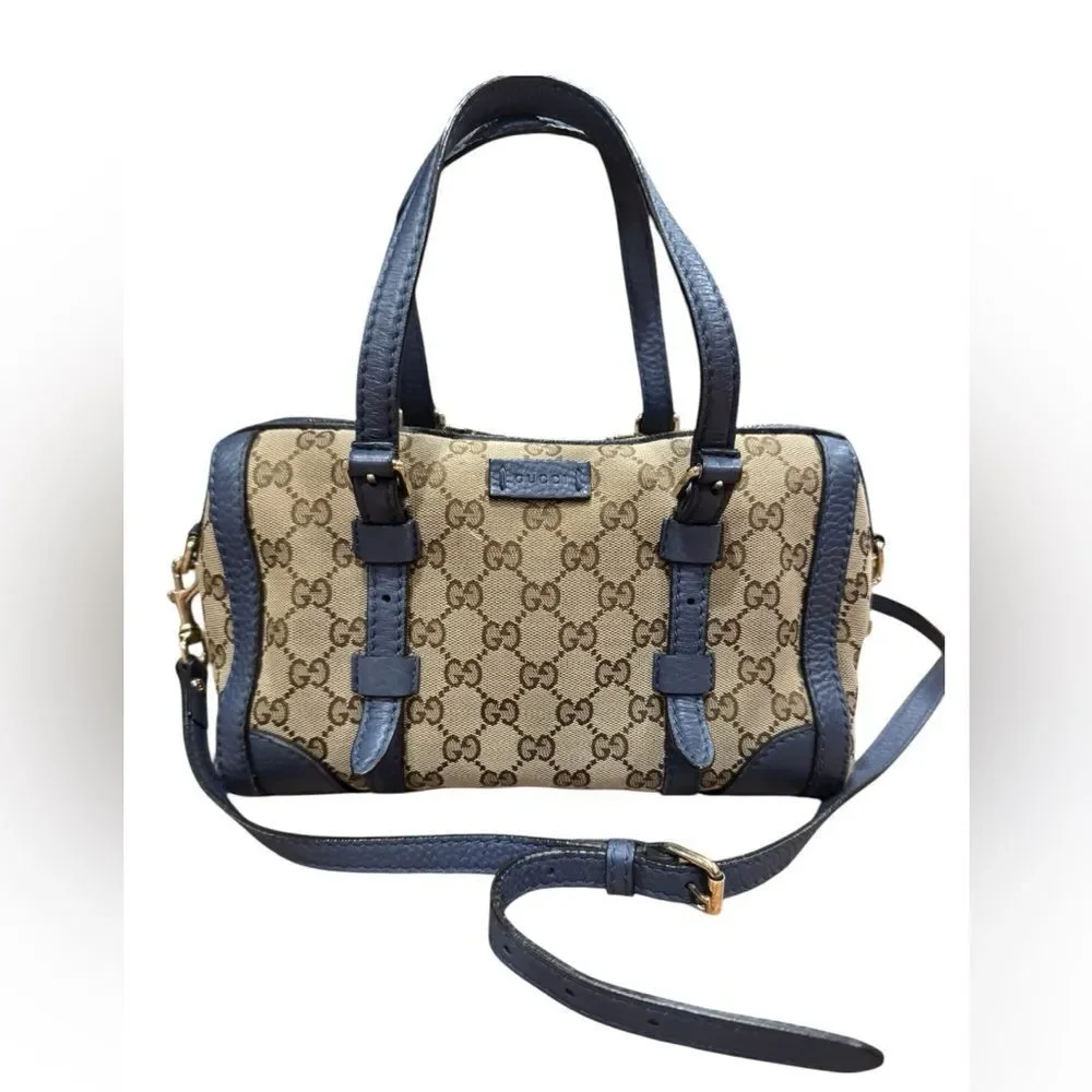 GUCCI Beige Brown GG Canvas Blue Leather Trim Small Belted 2way Boston Bag